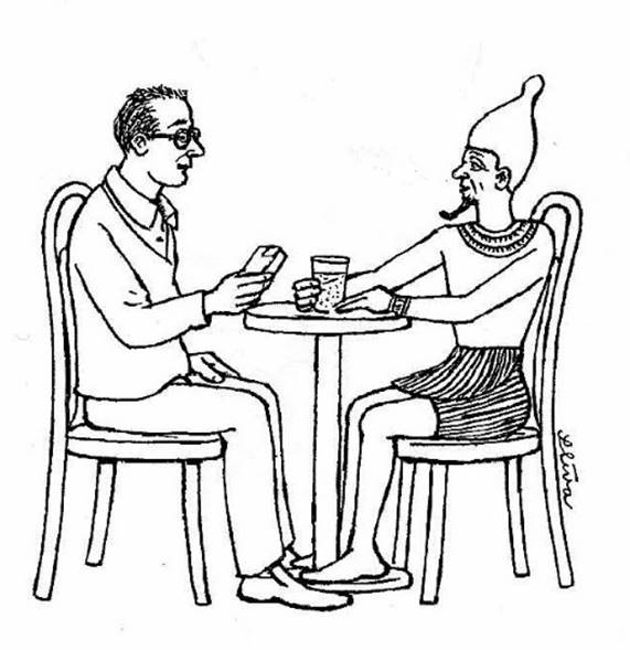 A black and white drawing of two men sitting at a table
Description automatically generated