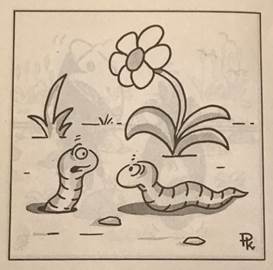 A cartoon of worms and a flower

Description automatically generated