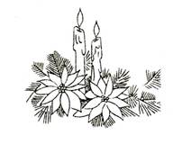 A black and white drawing of candles and flowers
Description automatically generated